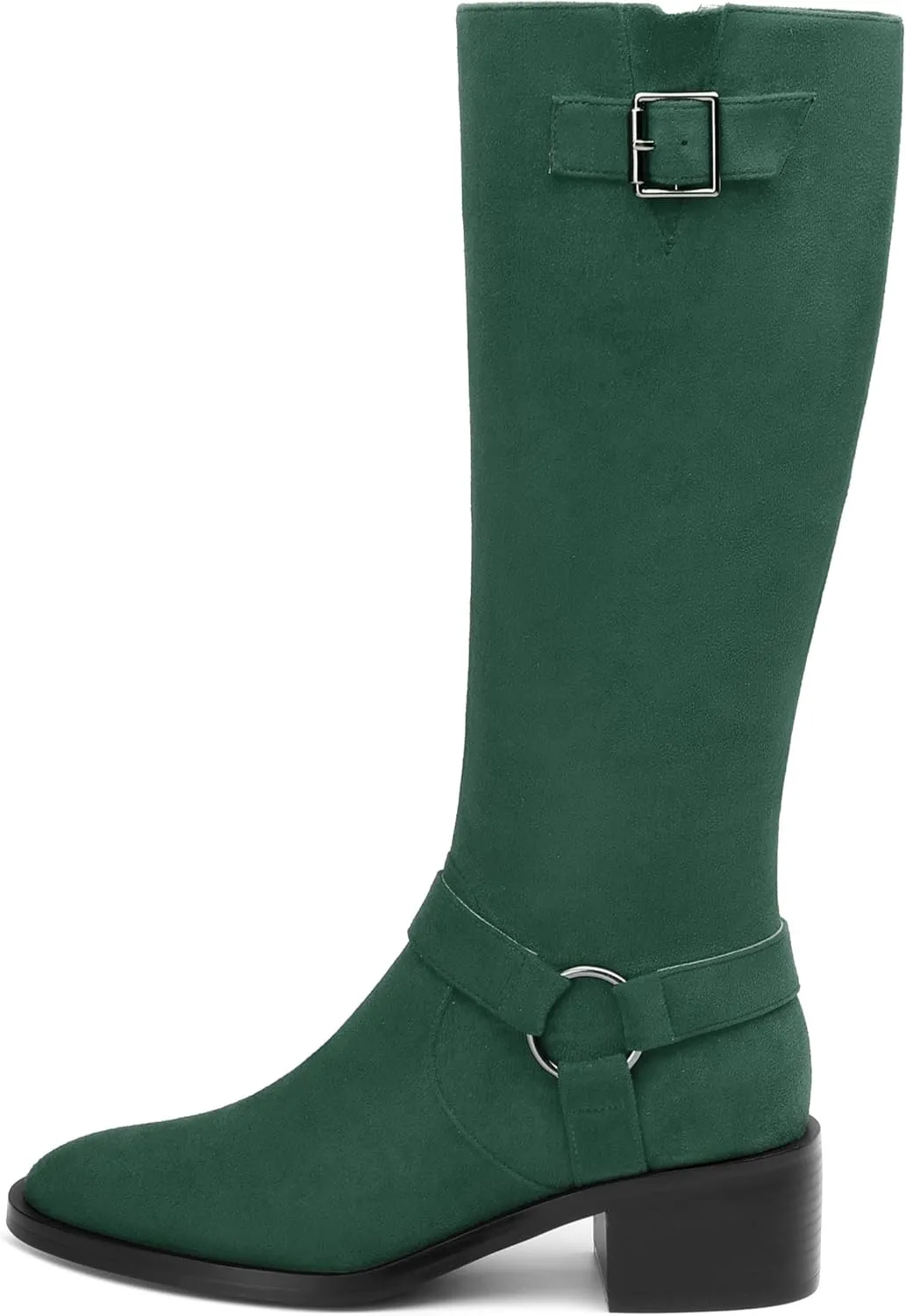 Women's Knee High Boots Buckle Fashion Side Zipper Knee High Bootie Round Toe Chunky Heel Solid Suede Knee High Boot
