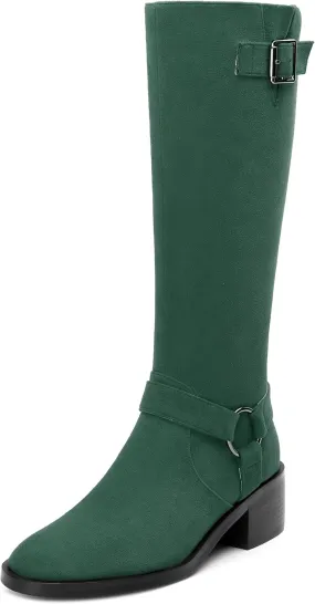Women's Knee High Boots Buckle Fashion Side Zipper Knee High Bootie Round Toe Chunky Heel Solid Suede Knee High Boot