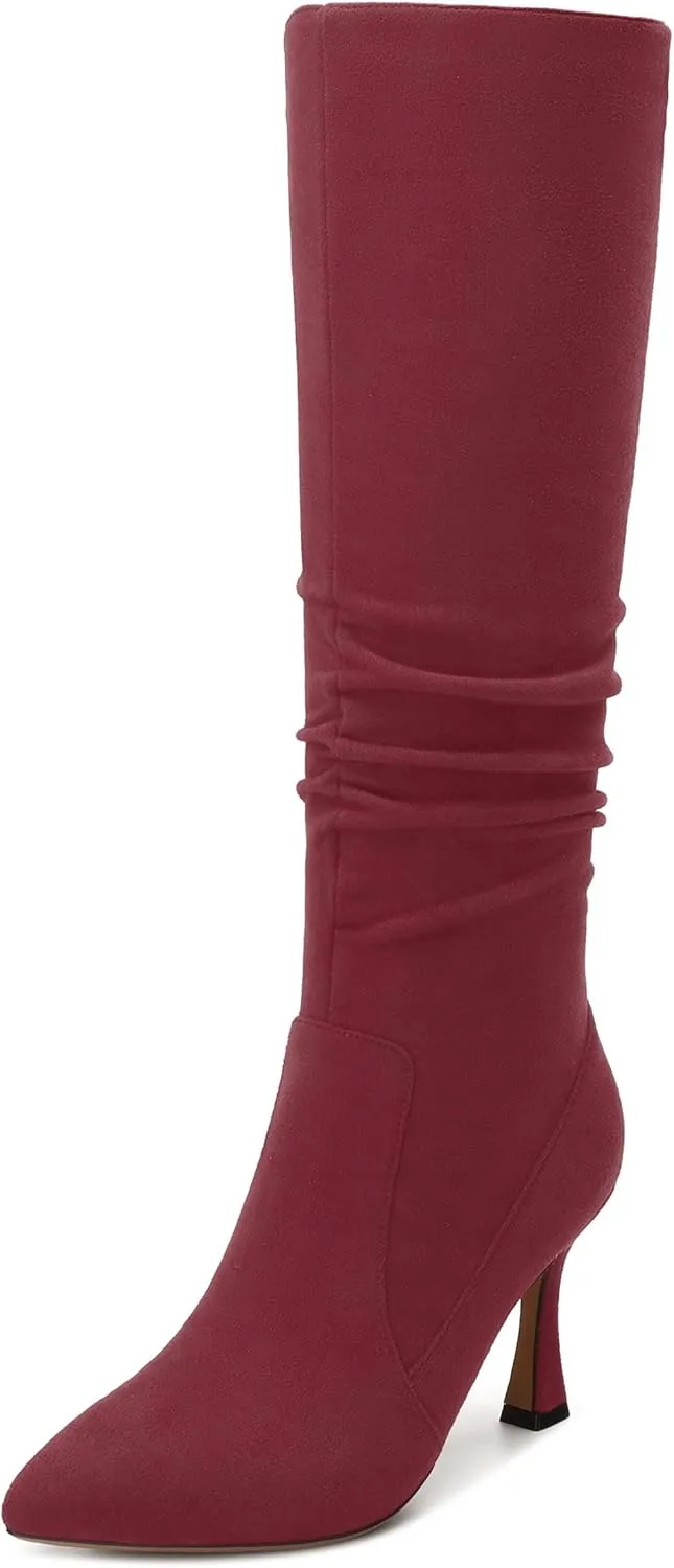 Women's Knee-High Boots, Pointed Toe Stiletto Heel Knee High Boots, Fashion Side Zipper Solid Suede Knee High Boot for Women