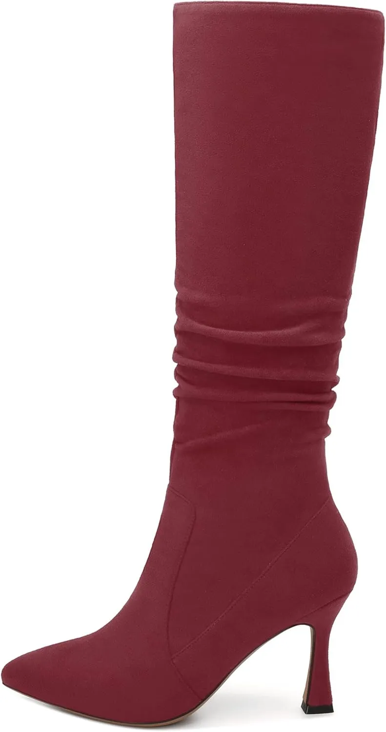 Women's Knee-High Boots, Pointed Toe Stiletto Heel Knee High Boots, Fashion Side Zipper Solid Suede Knee High Boot for Women