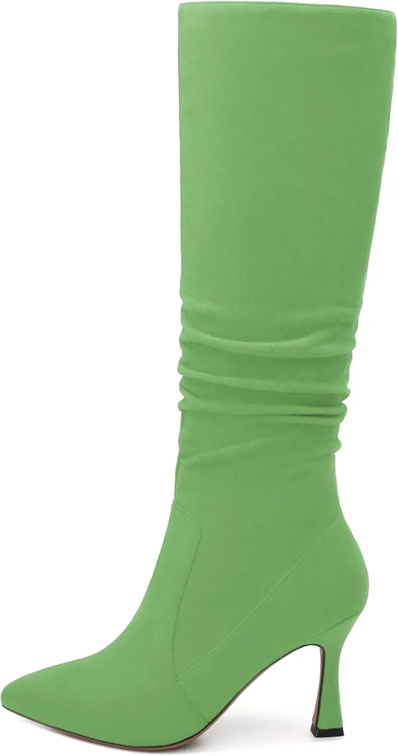 Women's Knee-High Boots, Pointed Toe Stiletto Heel Knee High Boots, Fashion Side Zipper Solid Suede Knee High Boot for Women