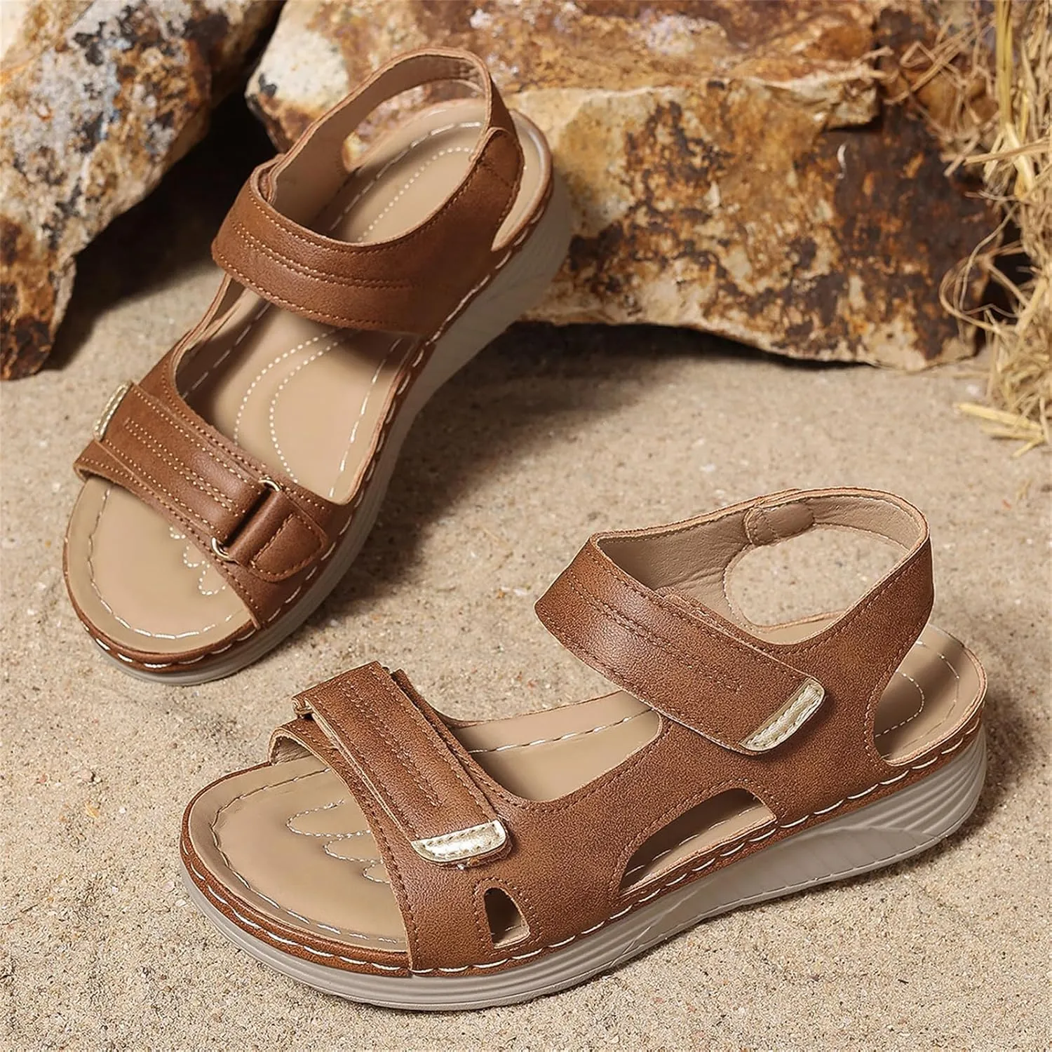 Womens Leather Sandals Wedg Heel Sandals Platform Open Toe Arch Support Shoes with Comfort Foam and Wide Widths Available Lightweight Ankle Strap Shoes