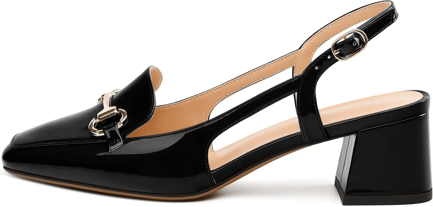 Womens Pumps, Square Toe Mid Block Heel Slingback Pump Shoes for Women, Chunky Heel Slingbacks with Metal Buckle 2"