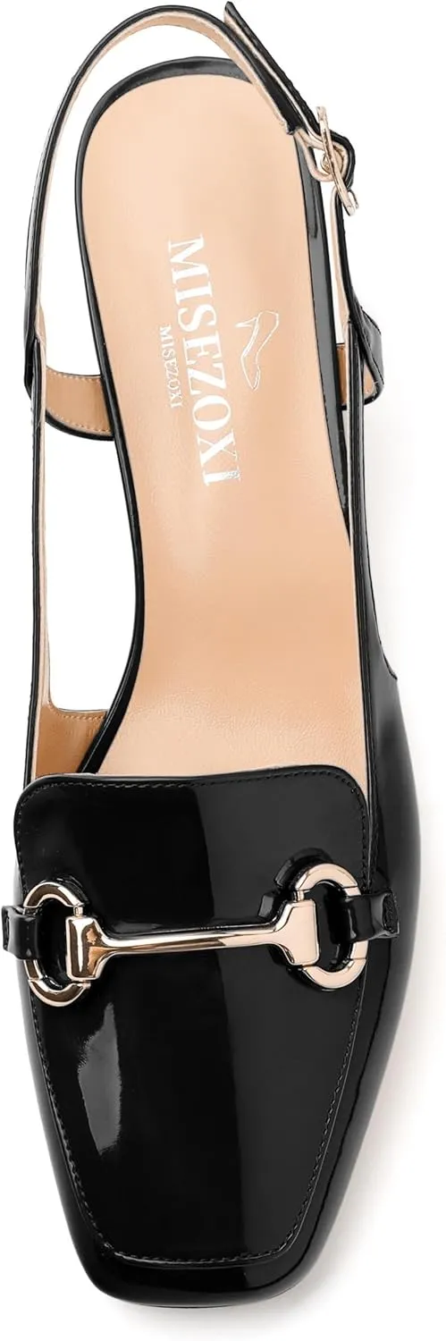 Womens Pumps, Square Toe Mid Block Heel Slingback Pump Shoes for Women, Chunky Heel Slingbacks with Metal Buckle 2"