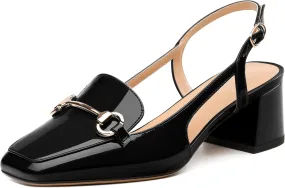 Womens Pumps, Square Toe Mid Block Heel Slingback Pump Shoes for Women, Chunky Heel Slingbacks with Metal Buckle 2"