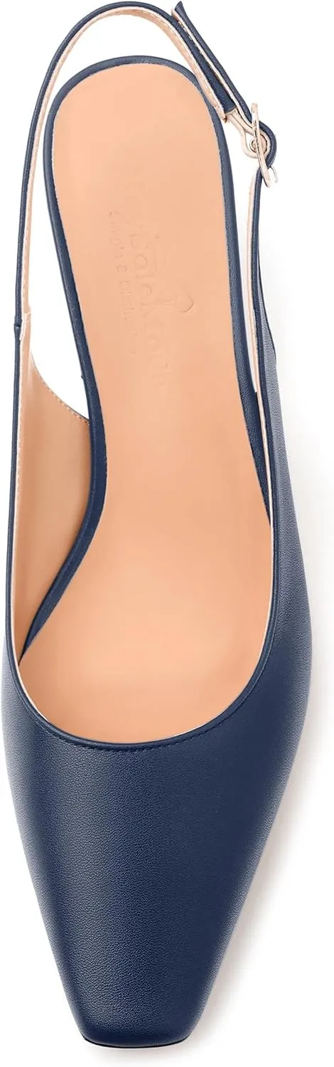 Womens Pumps, Square Toe Small Chunky Heel Slingbacks for Women, Leather Insole Slingback Pumps Buckle Closure 2"