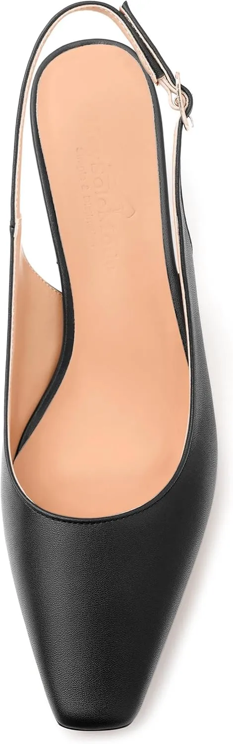 Womens Pumps, Square Toe Small Chunky Heel Slingbacks for Women, Leather Insole Slingback Pumps Buckle Closure 2"