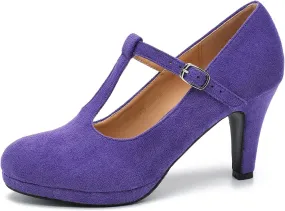 Womens T Strap High Heels Close Toe Classic Round Toe Shoes Comfortable Low Platform Ankle Strap Mary Jane Dress Pumps