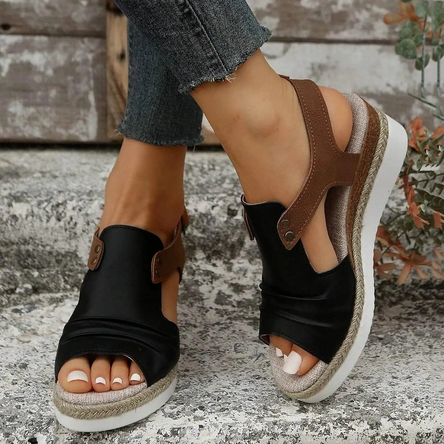 Womenyiaor Wedge Sandals for Women, Espadrilles for Women Open Toe Ankle Strap Wedge Heels Sandals Dressy Summer Platform Sandals Comfortable Slip on Sandals Orthopedic Sandals Casual (B-Black, 7)