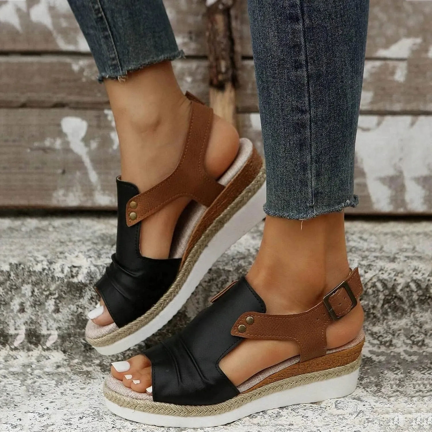 Womenyiaor Wedge Sandals for Women, Espadrilles for Women Open Toe Ankle Strap Wedge Heels Sandals Dressy Summer Platform Sandals Comfortable Slip on Sandals Orthopedic Sandals Casual (B-Black, 7)