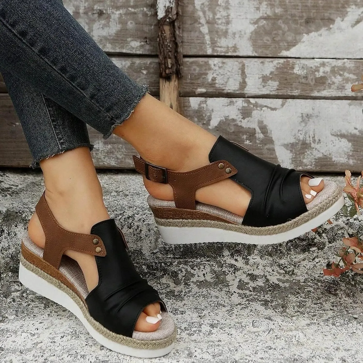 Womenyiaor Wedge Sandals for Women, Espadrilles for Women Open Toe Ankle Strap Wedge Heels Sandals Dressy Summer Platform Sandals Comfortable Slip on Sandals Orthopedic Sandals Casual (B-Black, 7)
