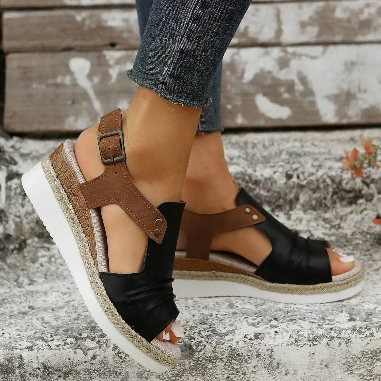 Womenyiaor Wedge Sandals for Women, Espadrilles for Women Open Toe Ankle Strap Wedge Heels Sandals Dressy Summer Platform Sandals Comfortable Slip on Sandals Orthopedic Sandals Casual (B-Black, 7)