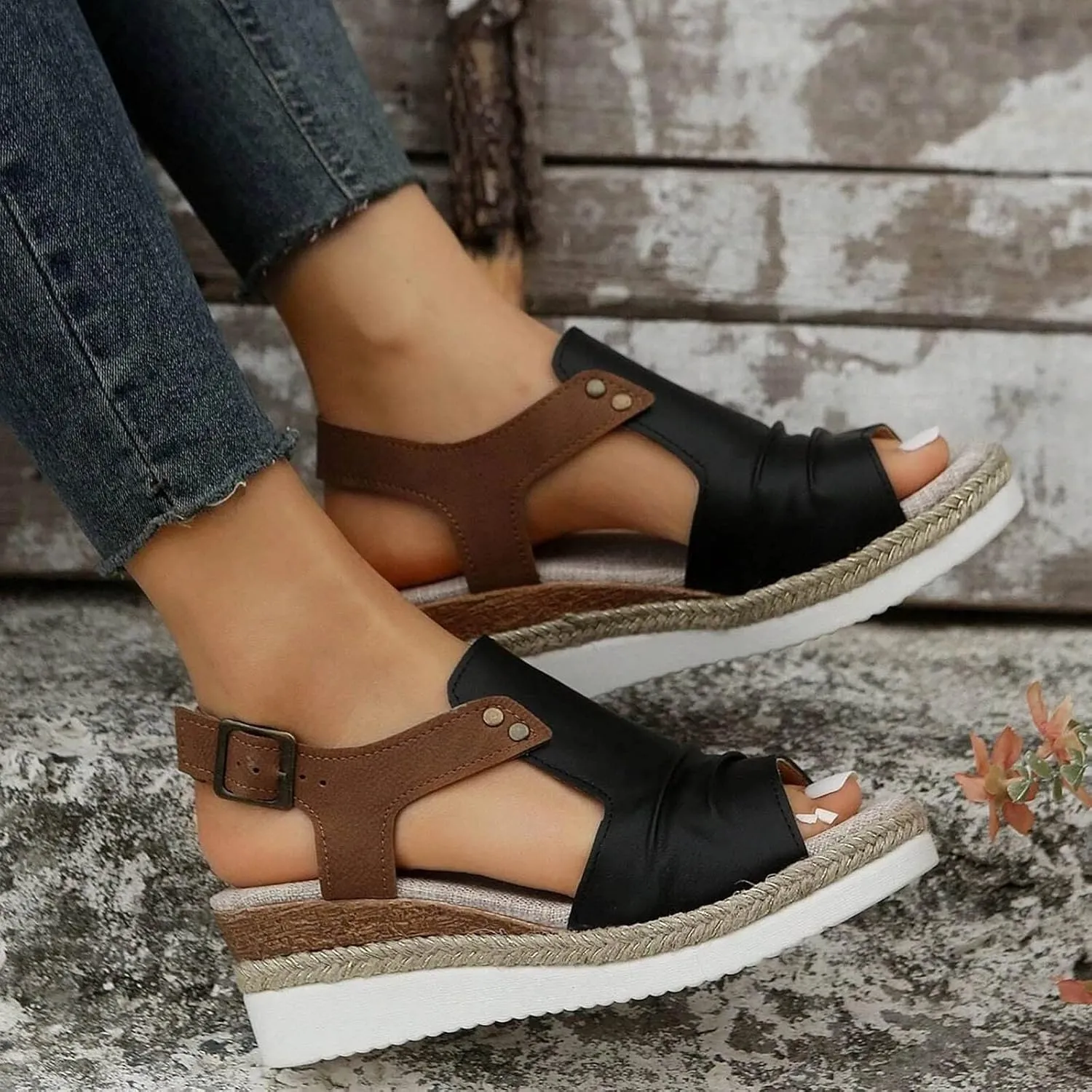 Womenyiaor Wedge Sandals for Women, Espadrilles for Women Open Toe Ankle Strap Wedge Heels Sandals Dressy Summer Platform Sandals Comfortable Slip on Sandals Orthopedic Sandals Casual (B-Black, 7)