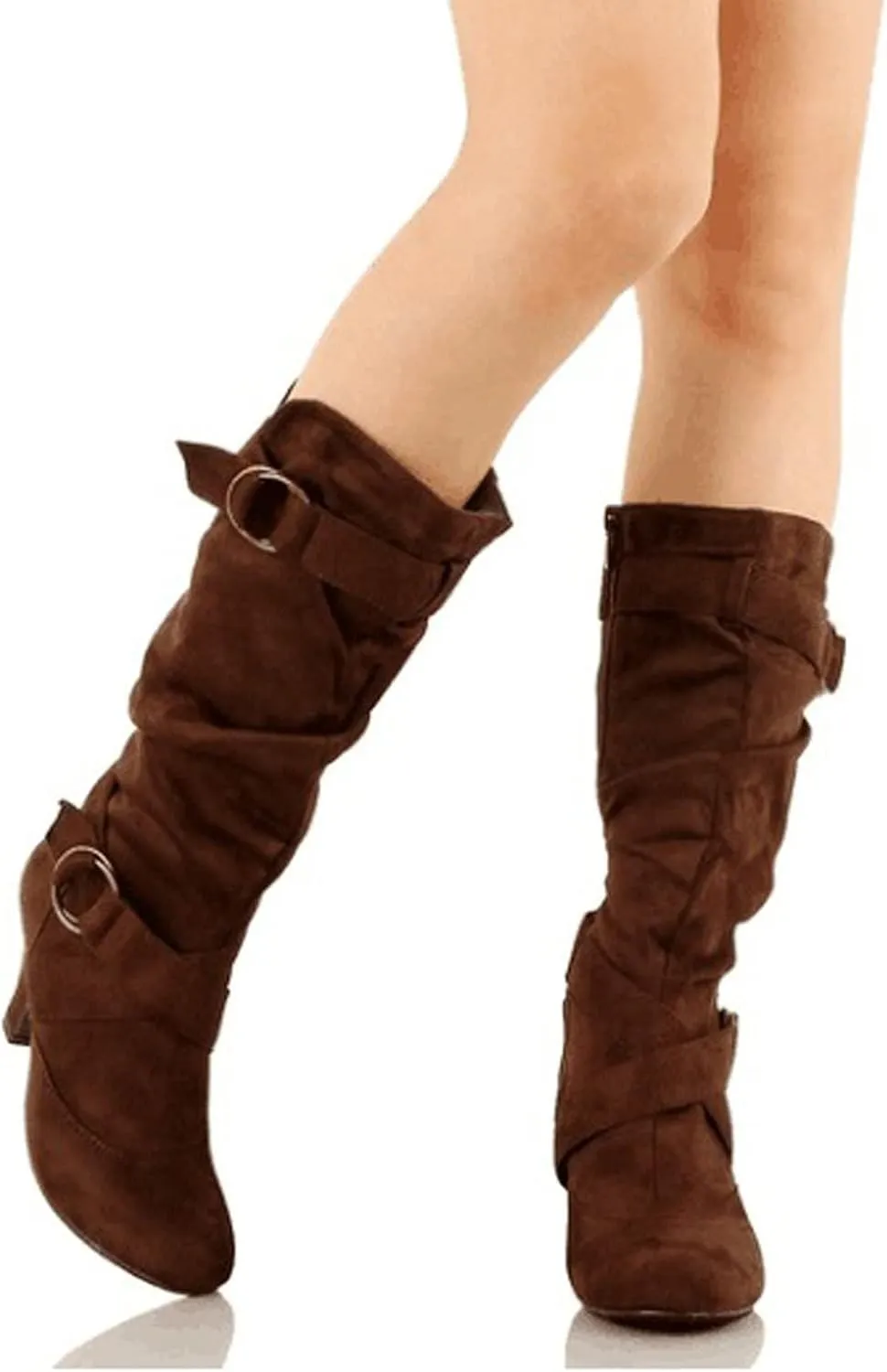 ZBYY Women's Mid-Calf Boots,Slouchy High Heel Buckled Western Boots Wide Calf Suede Slip on Knee High Riding Boots