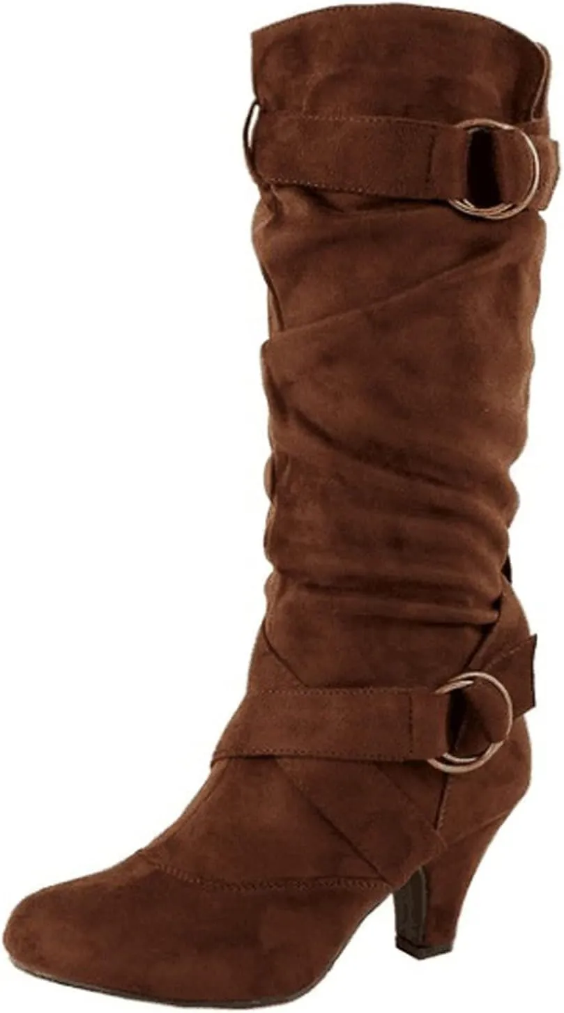 ZBYY Women's Mid-Calf Boots,Slouchy High Heel Buckled Western Boots Wide Calf Suede Slip on Knee High Riding Boots